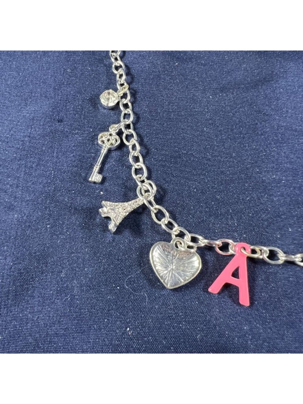 Silver Charm Necklace With Heart Eiffel Tower Key & Rhinestone Accents - Picture 2 of 4